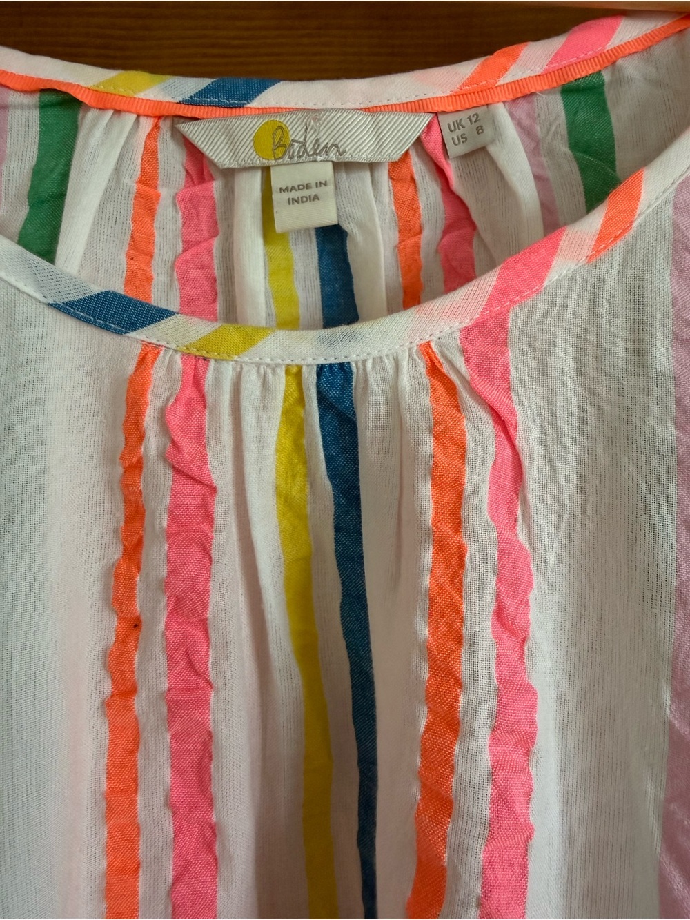 Boden White Pink Multi-Stripe Tiered Dress with Tassel Waist Tie - Picture 3 of 4